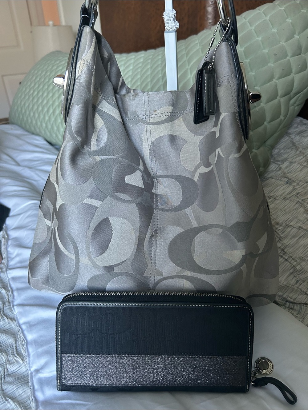 Coach Silver Gray Signature Canvas Tote with Black Leather Trim and wallet